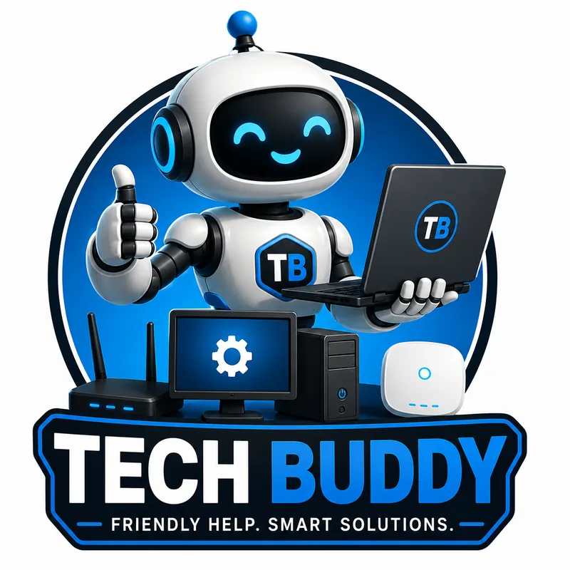 Tech Buddy robot mascot giving a thumbs up while holding a laptop